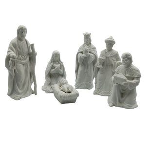 Vintage Nativity of Holy Family and Wise men Set, 6 Pieces in White Bisque